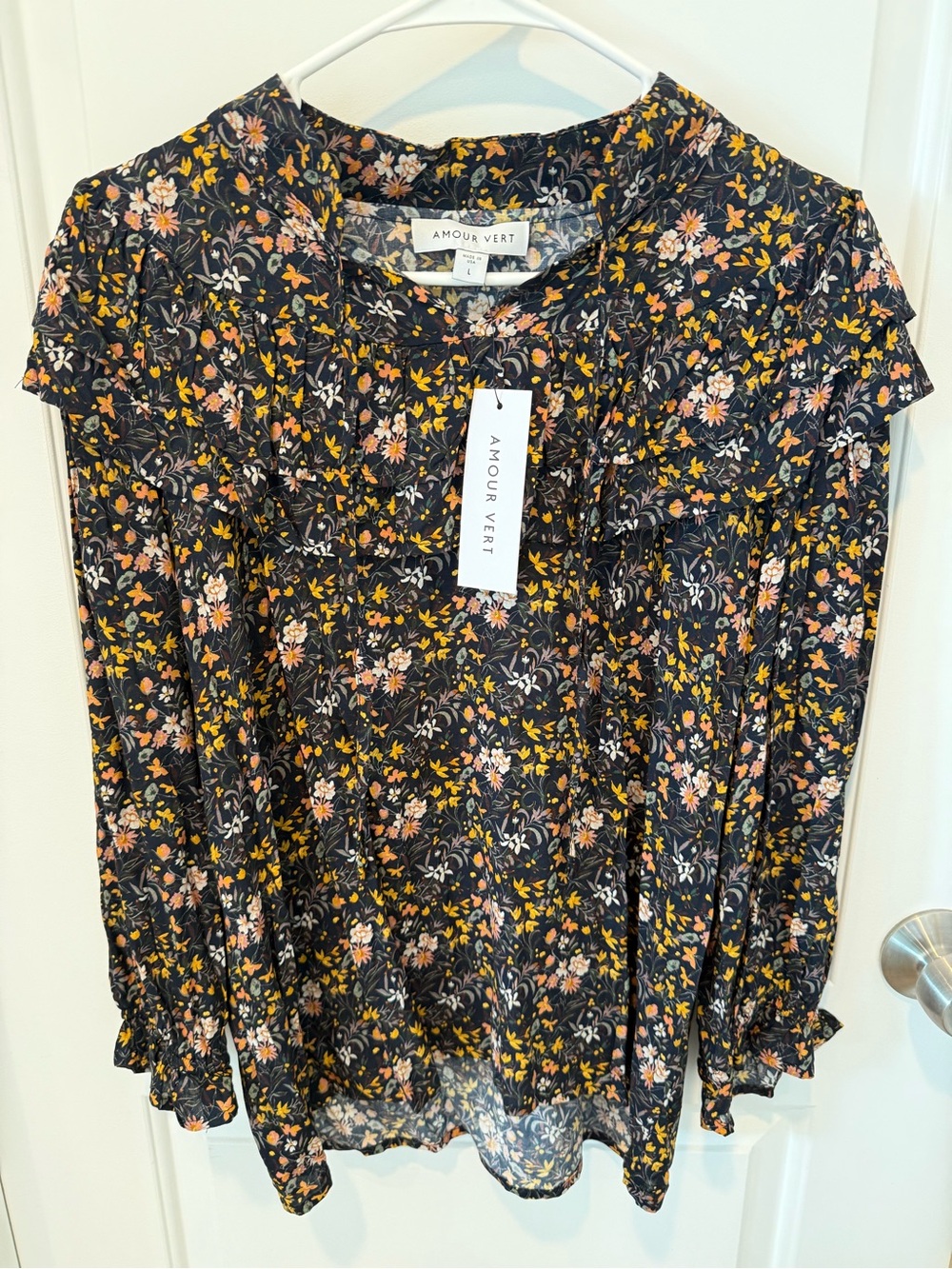 Amour Vert Black Floral Ruffled-Yoke Long Sleeve Top
